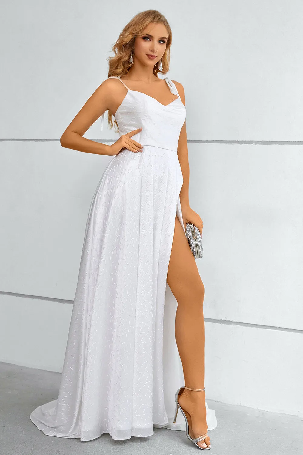 White Spaghetti Straps Bowknot Prom Dress With Slit sold by Zapaka product image thumbnail 5