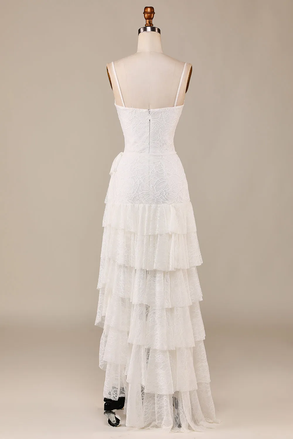 Sheath Spaghetti Straps Ivory Lace Asymmetrical Detachable Train Boho Wedding Dress sold by Zapaka product image thumbnail 2