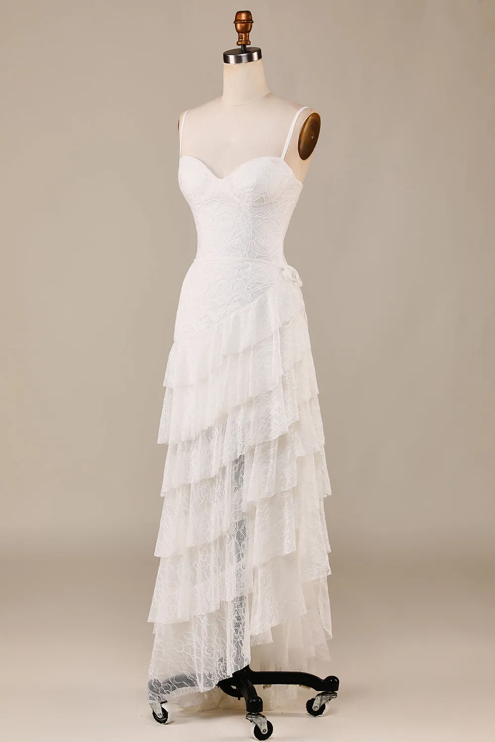 Sheath Spaghetti Straps Ivory Lace Asymmetrical Detachable Train Boho Wedding Dress sold by Zapaka product image thumbnail 3