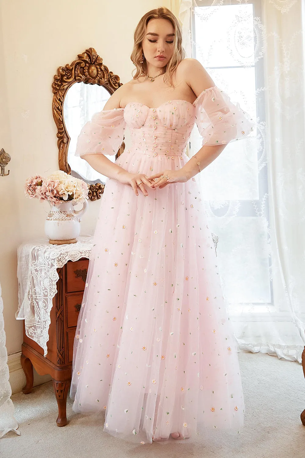 A Line Off the Shoulder Blush Plus Size Prom Dress with Embroidery sold by Zapaka product image thumbnail 3