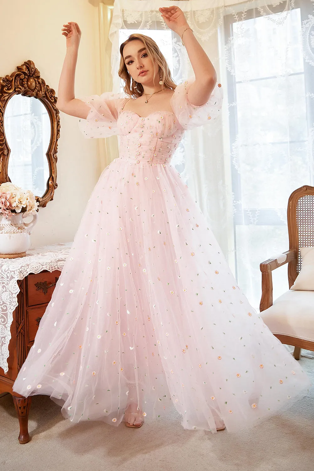 A Line Off the Shoulder Blush Plus Size Prom Dress with Embroidery sold by Zapaka