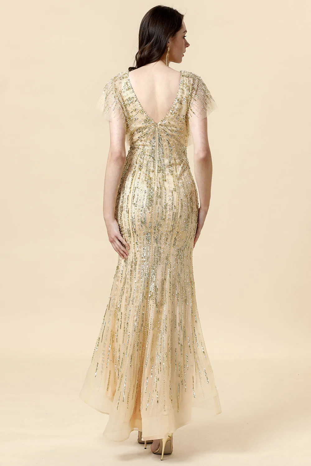 Mermaid V Neck Golden Beaded Long Formal Dress sold by Zapaka product image thumbnail 2