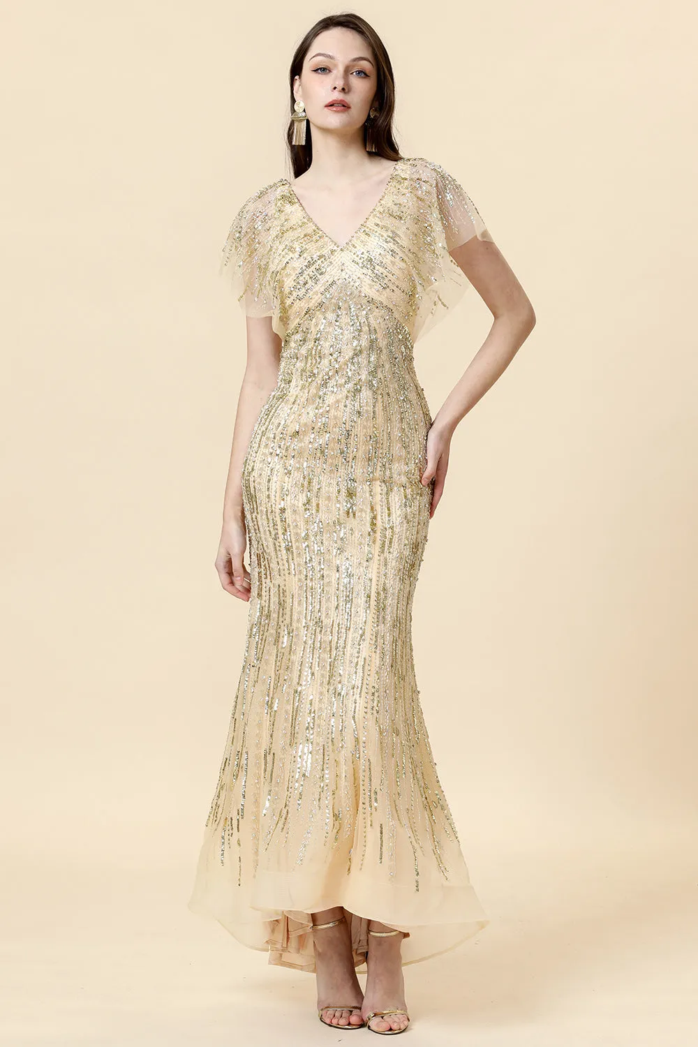 Mermaid V Neck Golden Beaded Long Formal Dress sold by Zapaka product image thumbnail 5