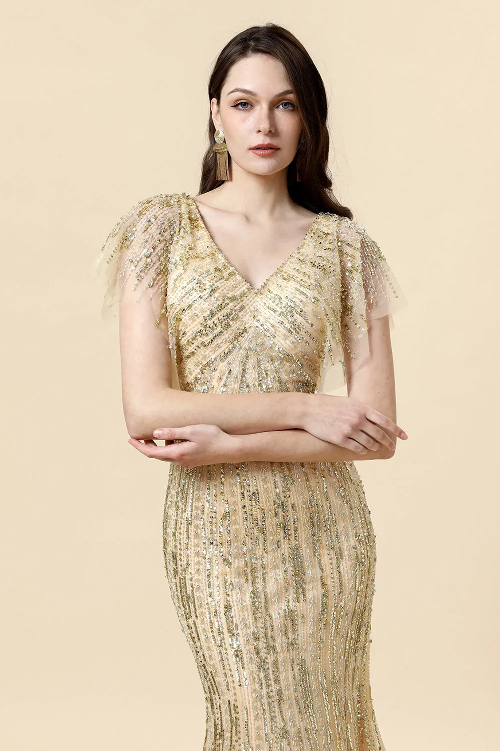 Mermaid V Neck Golden Beaded Long Formal Dress sold by Zapaka product image thumbnail 3