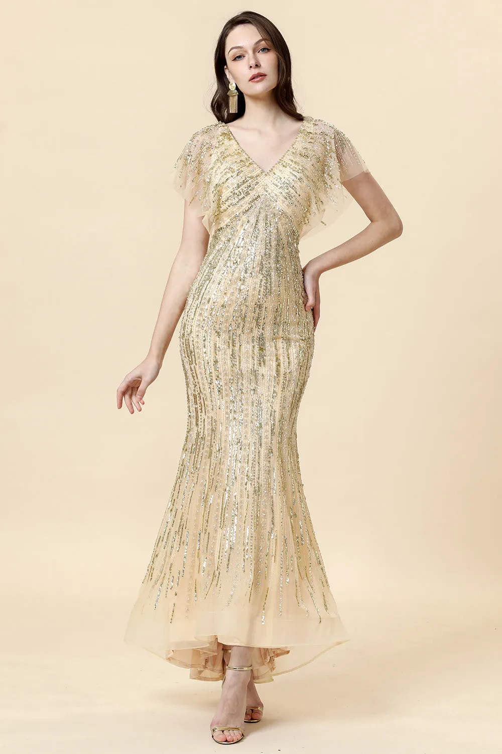 Mermaid V Neck Golden Beaded Long Formal Dress sold by Zapaka