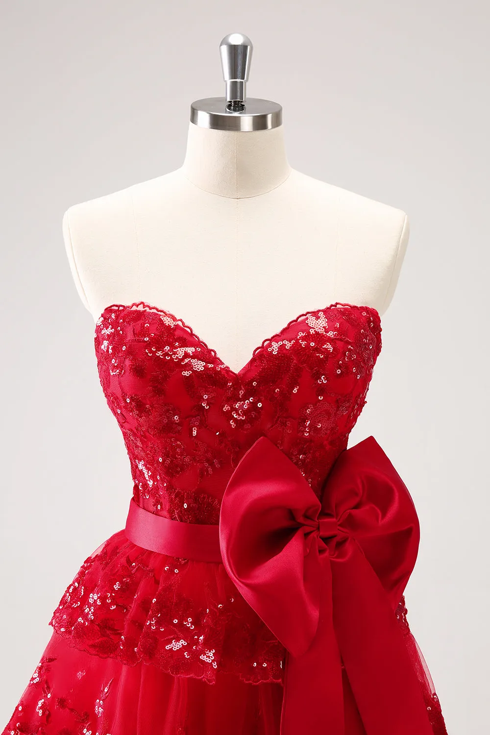 Sparkly Red A-Line Strapless Tiered Sequins Homecoming Dress with Bow sold by Zapaka product image thumbnail 4