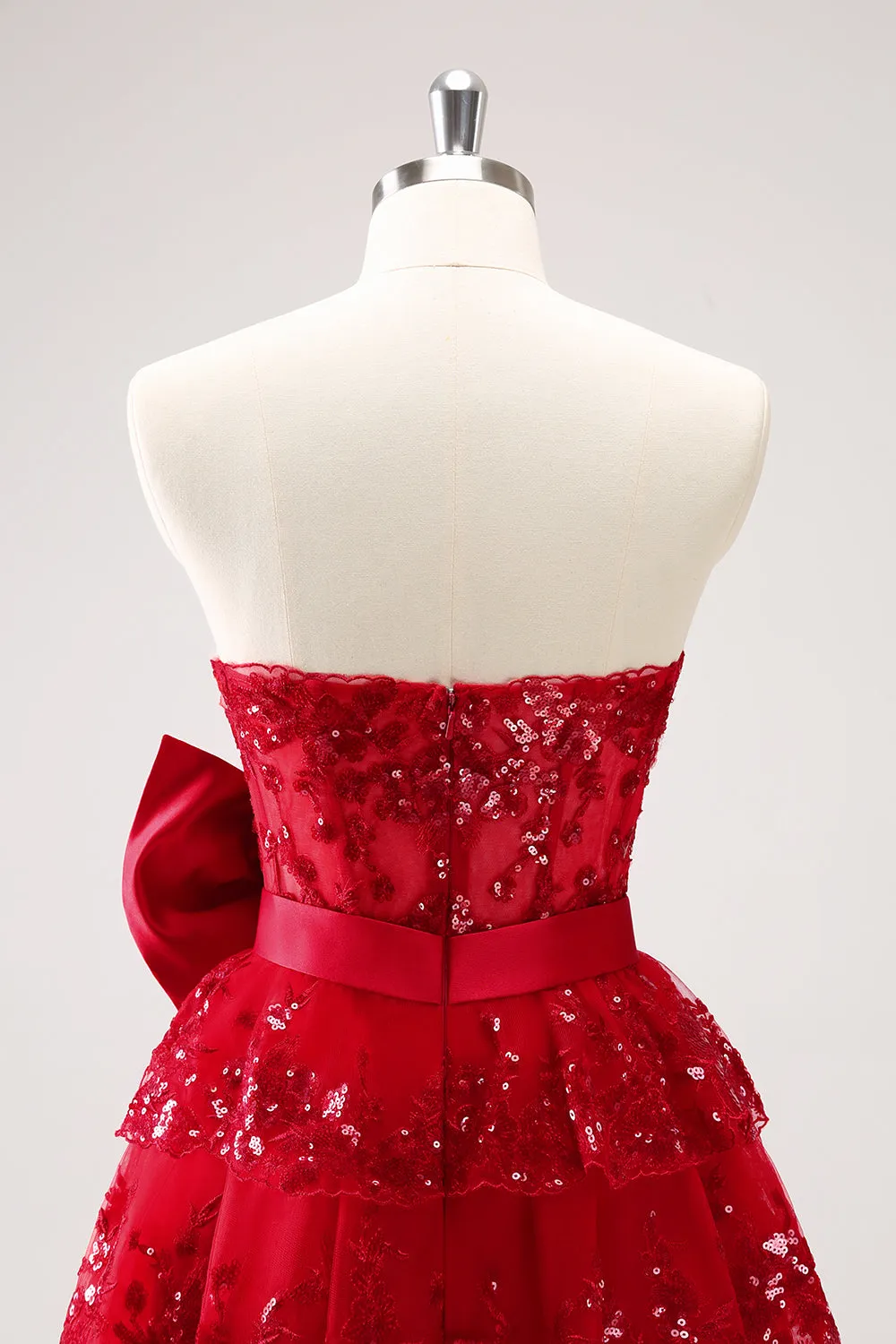 Sparkly Red A-Line Strapless Tiered Sequins Homecoming Dress with Bow sold by Zapaka product image thumbnail 5
