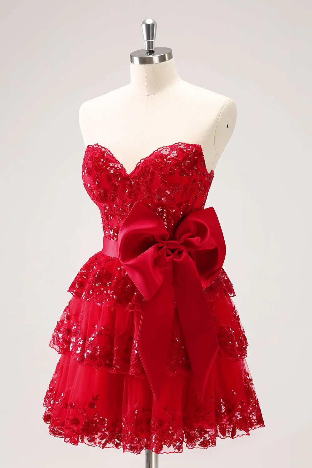 Sparkly Red A-Line Strapless Tiered Sequins Homecoming Dress with Bow sold by Zapaka product image thumbnail 3