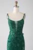 Dark Green Mermaid Spaghetti Straps Long Prom Dress with Appliques sold by Zapaka