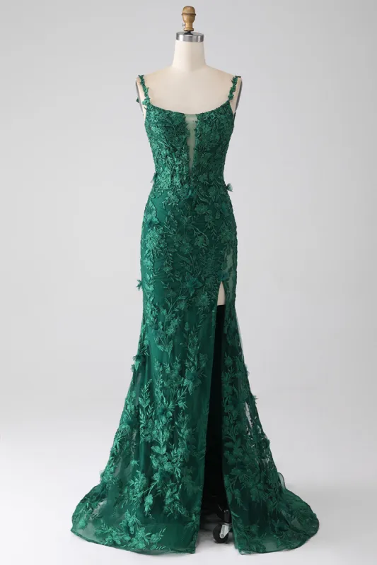 Dark Green Mermaid Spaghetti Straps Long Prom Dress with Appliques sold by Zapaka