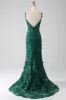 Dark Green Mermaid Spaghetti Straps Long Prom Dress with Appliques sold by Zapaka