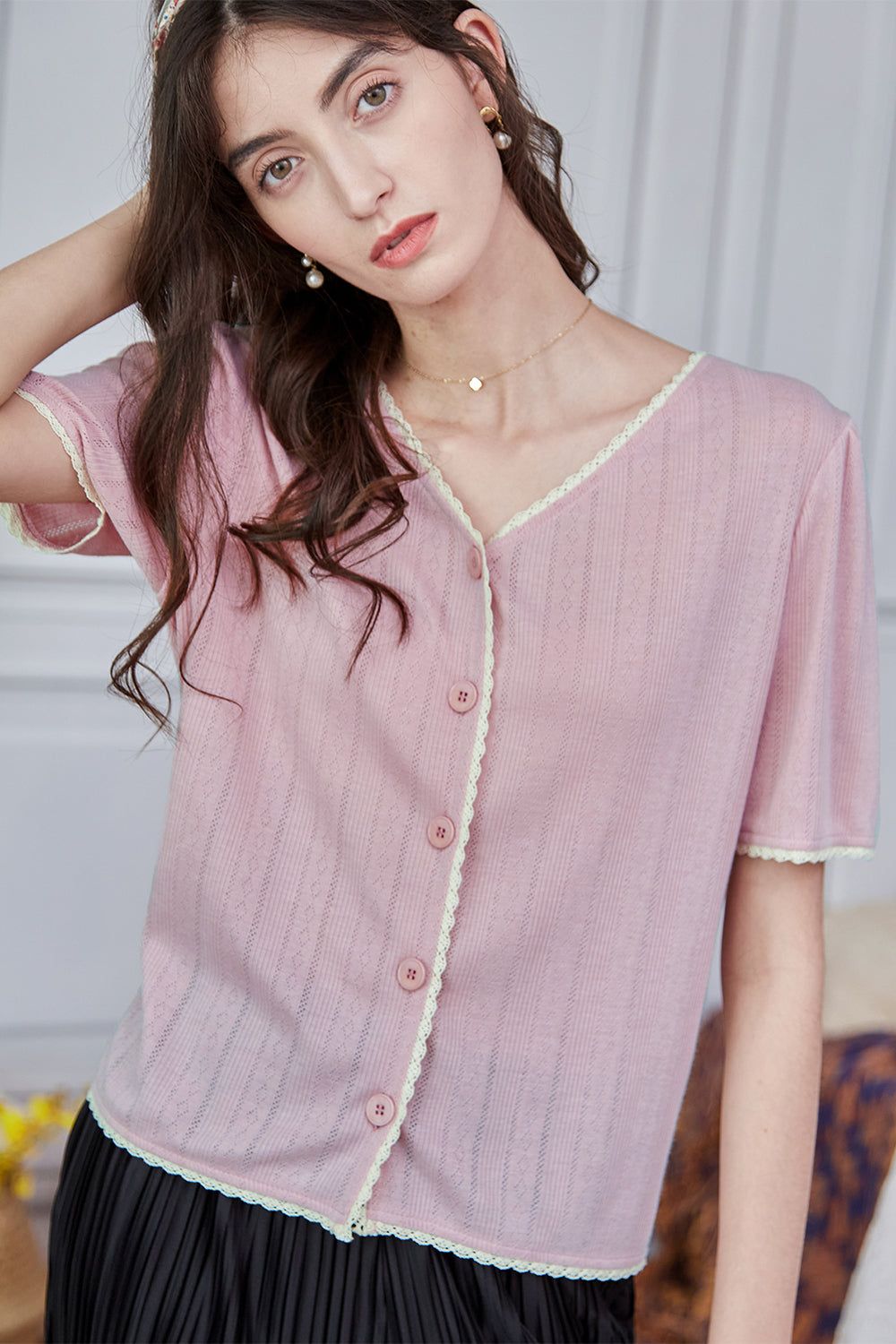 Pink Short Sleeves Knitted Top sold by Zapaka