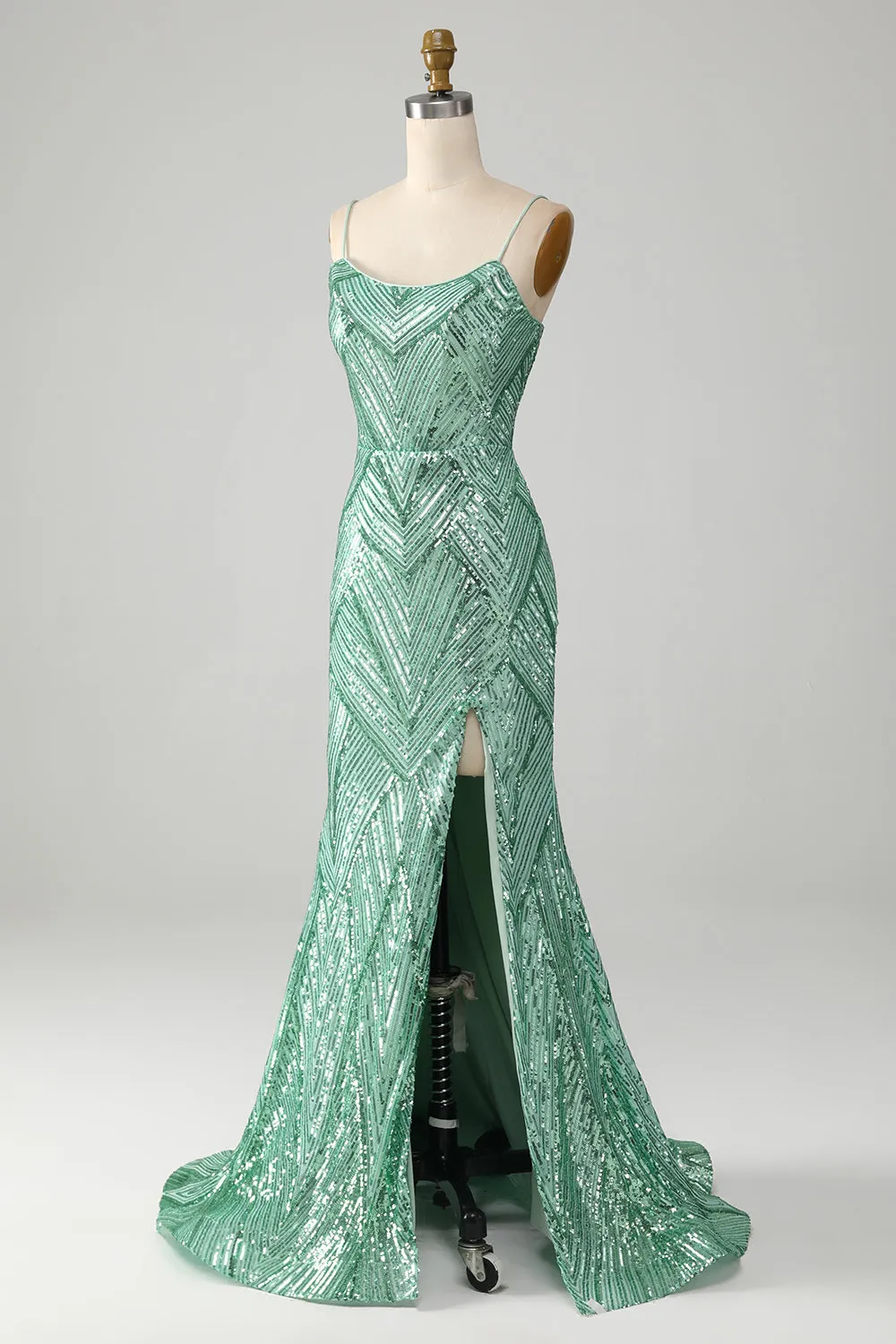 Sparkly Green Sequins Lace-Up Back Long Mermaid Prom Dress with Slit sold by Zapaka product image thumbnail 3
