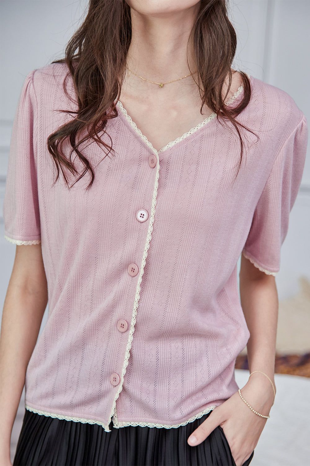 Pink Short Sleeves Knitted Top sold by Zapaka product image thumbnail 5