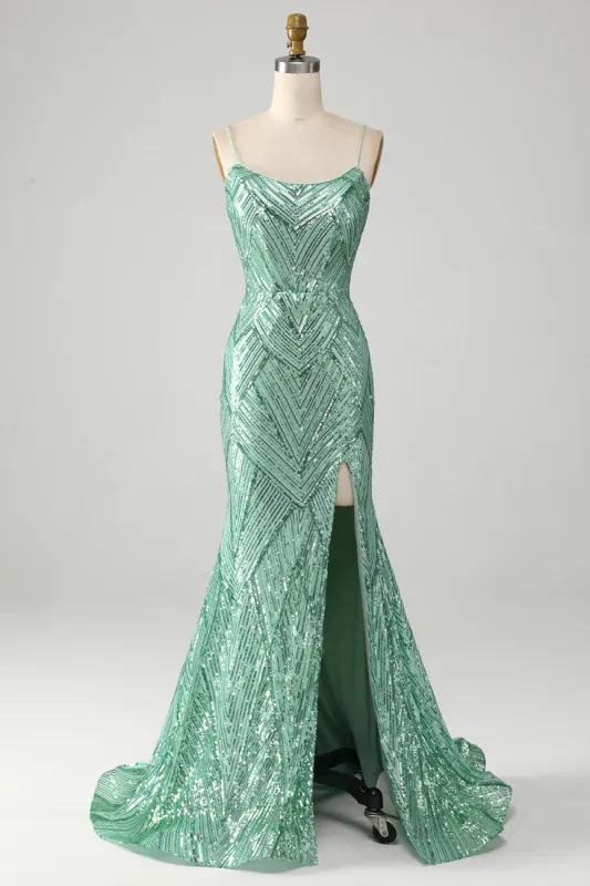 Sparkly Green Sequins Lace-Up Back Long Mermaid Prom Dress with Slit sold by Zapaka