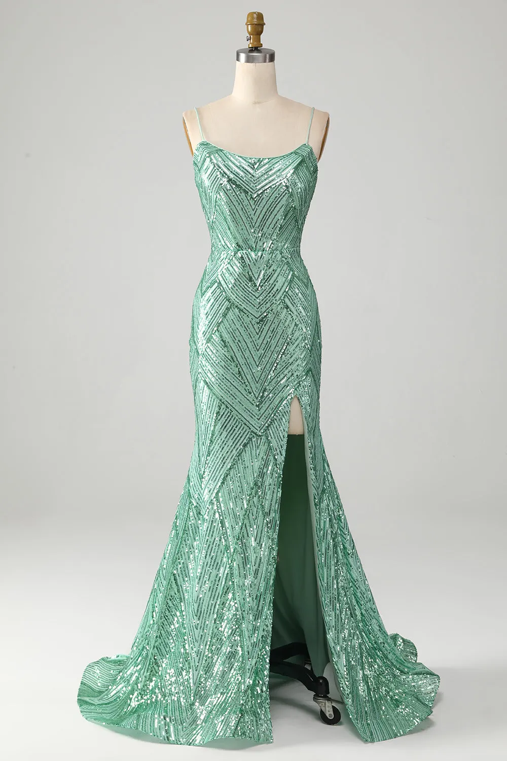Sparkly Green Sequins Lace-Up Back Long Mermaid Prom Dress with Slit sold by Zapaka