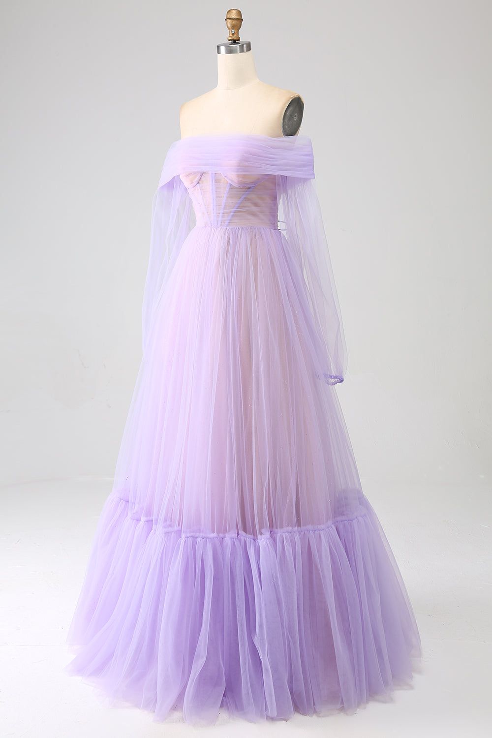 Lilac A-Line Off The Shoulder Splicing Tulle Prom Dress With Long Sleeves sold by Zapaka product image thumbnail 3