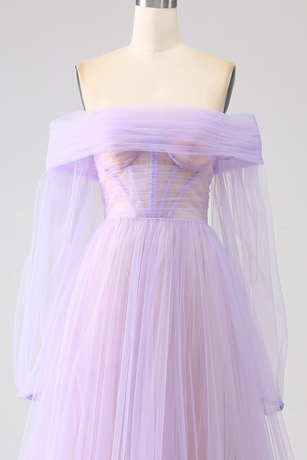 Lilac A-Line Off The Shoulder Splicing Tulle Prom Dress With Long Sleeves sold by Zapaka product image thumbnail 4