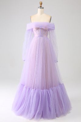 Lilac A-Line Off The Shoulder Splicing Tulle Prom Dress With Long Sleeves sold by Zapaka