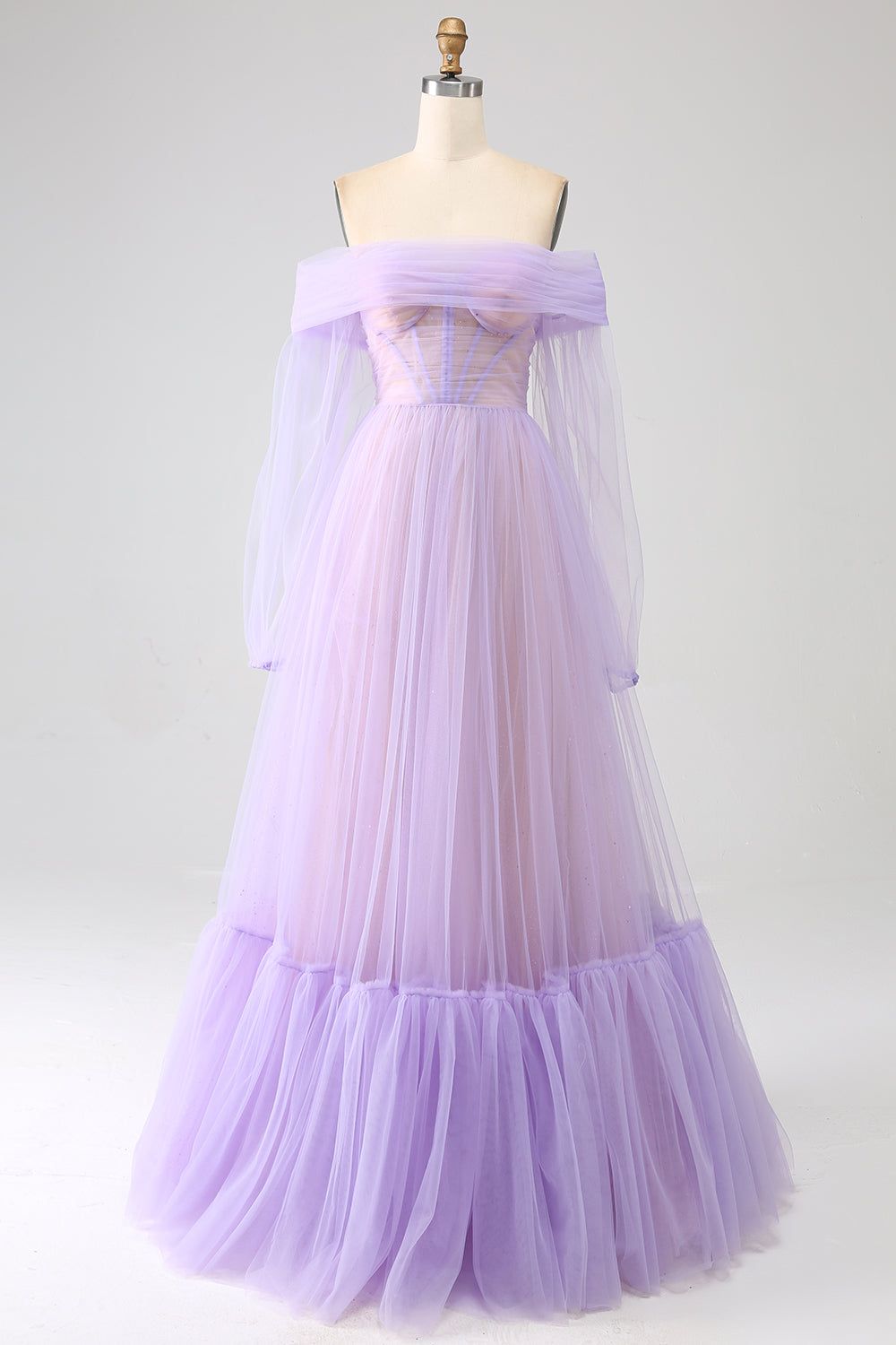 Lilac A-Line Off The Shoulder Splicing Tulle Prom Dress With Long Sleeves sold by Zapaka