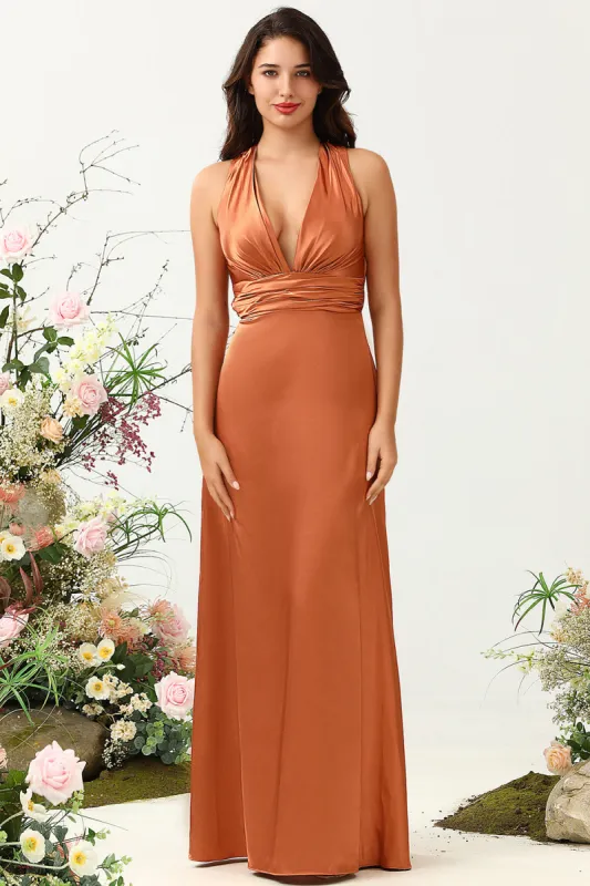 A Line Halter Neck Copper Long Bridesmaid Dress with Criss Cross Back sold by Zapaka