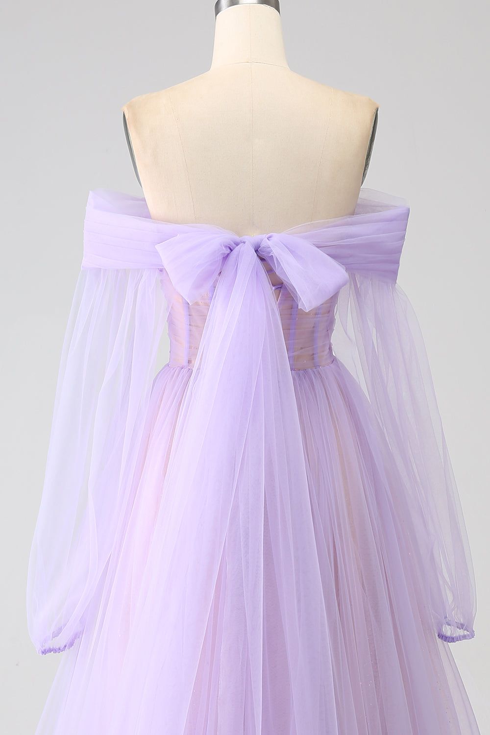 Lilac A-Line Off The Shoulder Splicing Tulle Prom Dress With Long Sleeves sold by Zapaka product image thumbnail 5