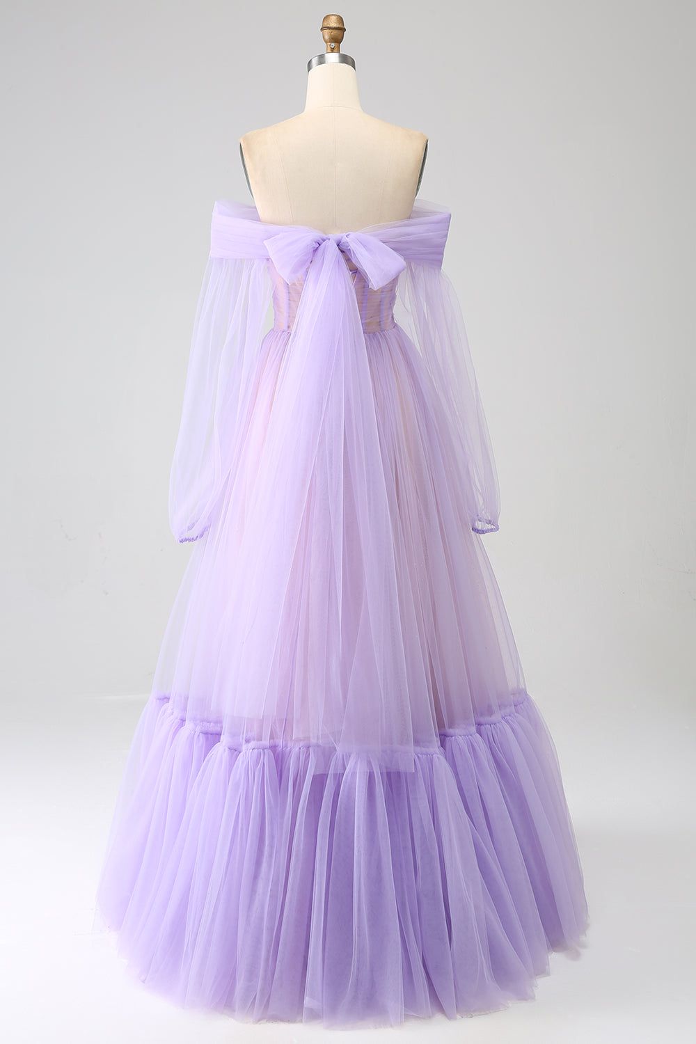 Lilac A-Line Off The Shoulder Splicing Tulle Prom Dress With Long Sleeves sold by Zapaka product image thumbnail 2