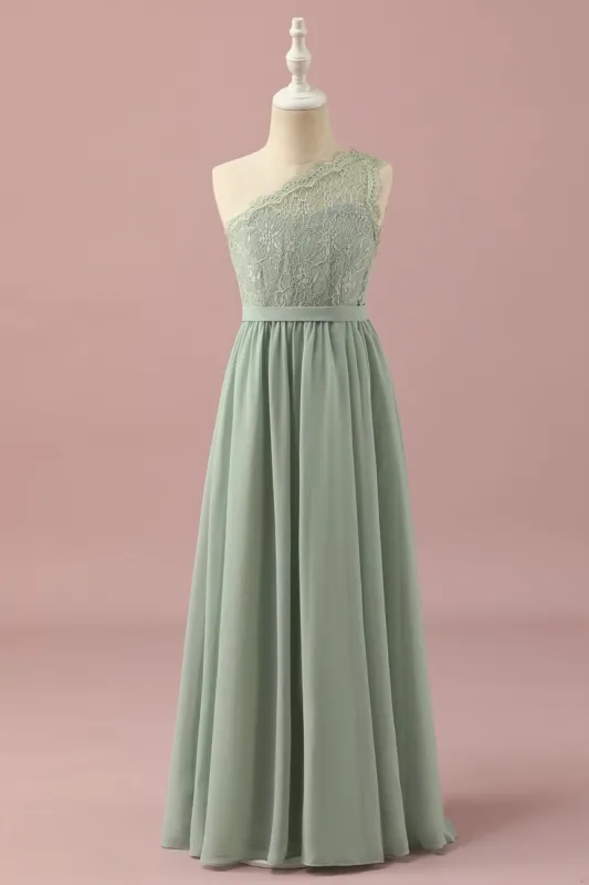 Green One Shoulder Lace and Chiffon Junior Bridesmaid Dress sold by Zapaka
