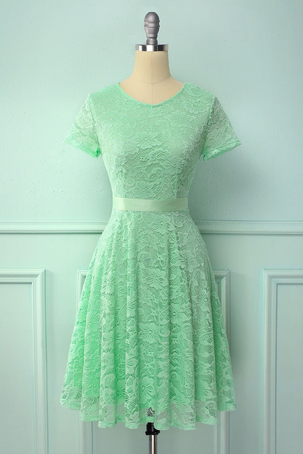 Mint Green Short Sleeves Lace Dress sold by Zapaka