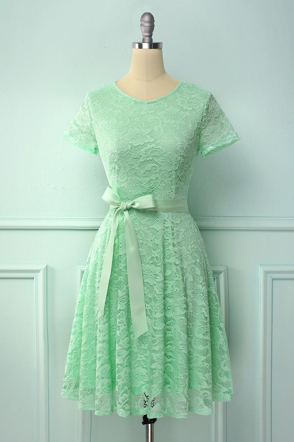 Mint Green Short Sleeves Lace Dress sold by Zapaka product image thumbnail 3