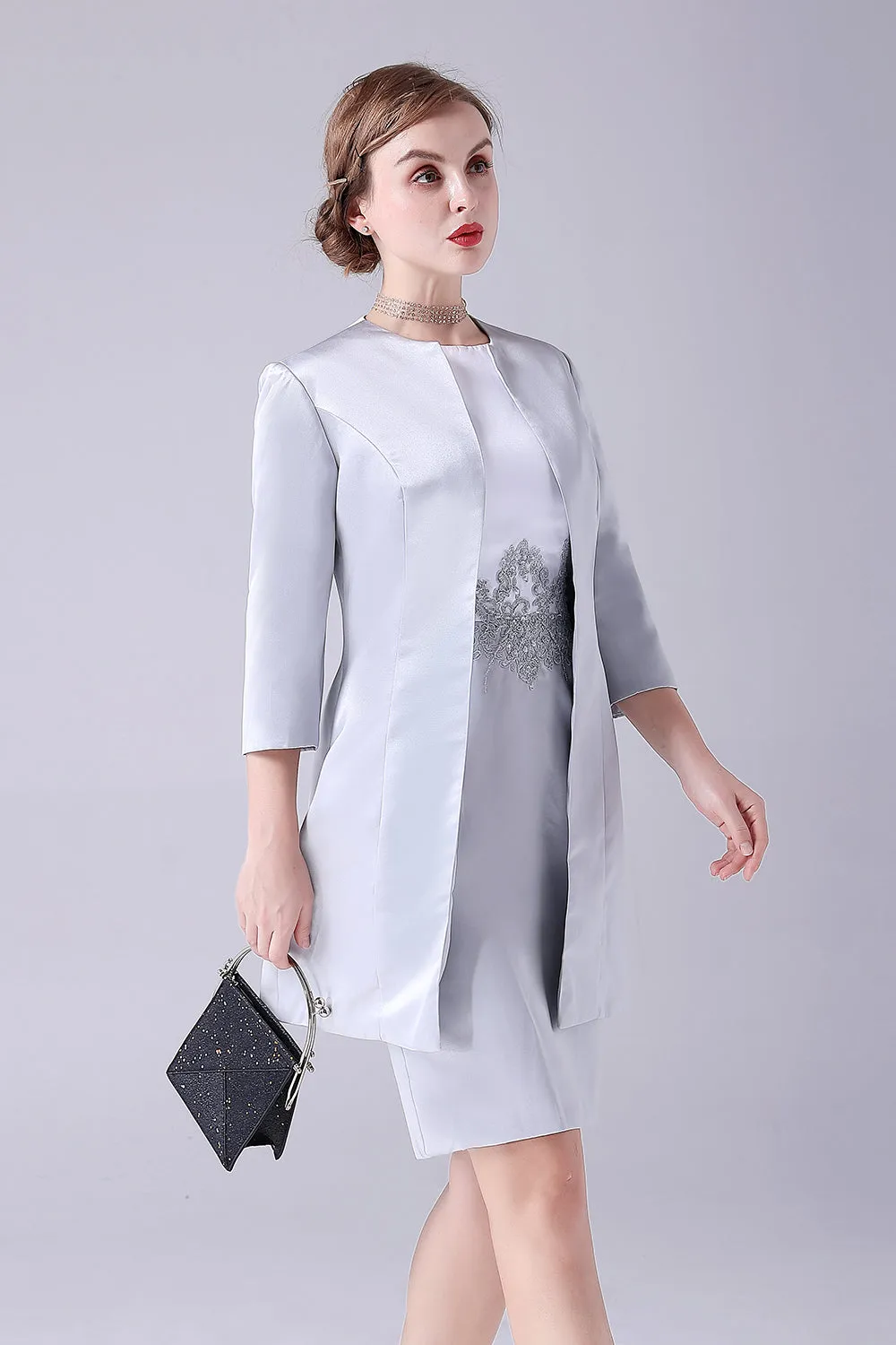 Silver Sheath Knee Length Mother of the Bride Dress With Coat sold by Zapaka product image thumbnail 3
