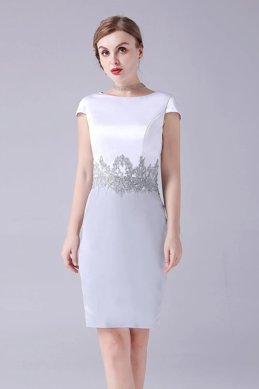 Silver Sheath Knee Length Mother of the Bride Dress With Coat sold by Zapaka product image thumbnail 4