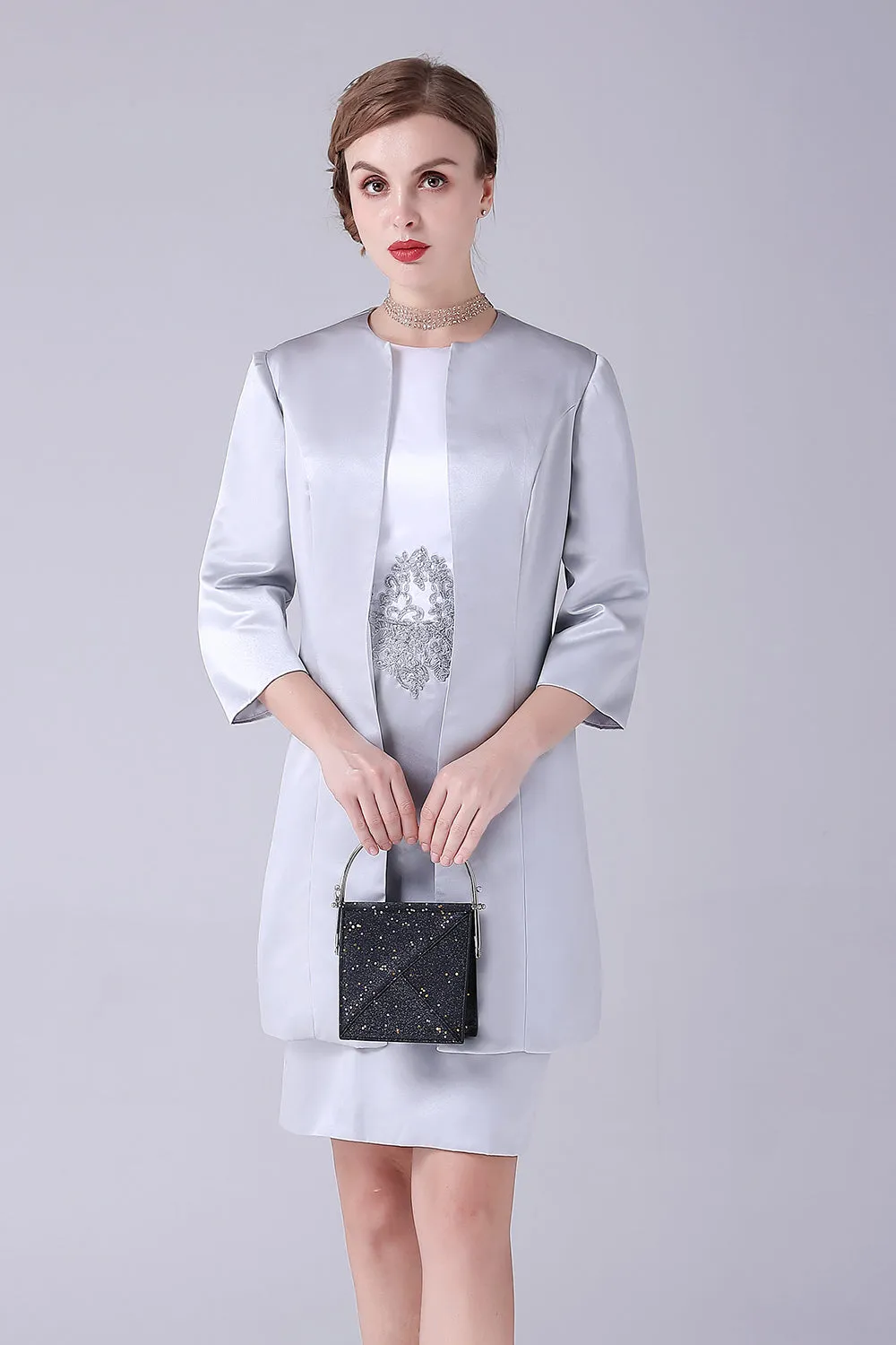 Silver Sheath Knee Length Mother of the Bride Dress With Coat sold by Zapaka