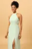A Line Halter Dusty Sage Long Bridesmaid Dress with Open Back sold by Zapaka