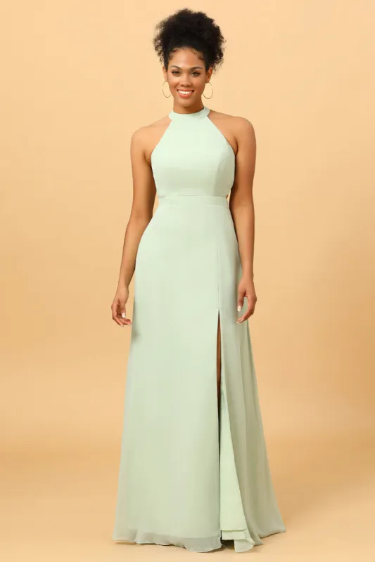 A Line Halter Dusty Sage Long Bridesmaid Dress with Open Back sold by Zapaka