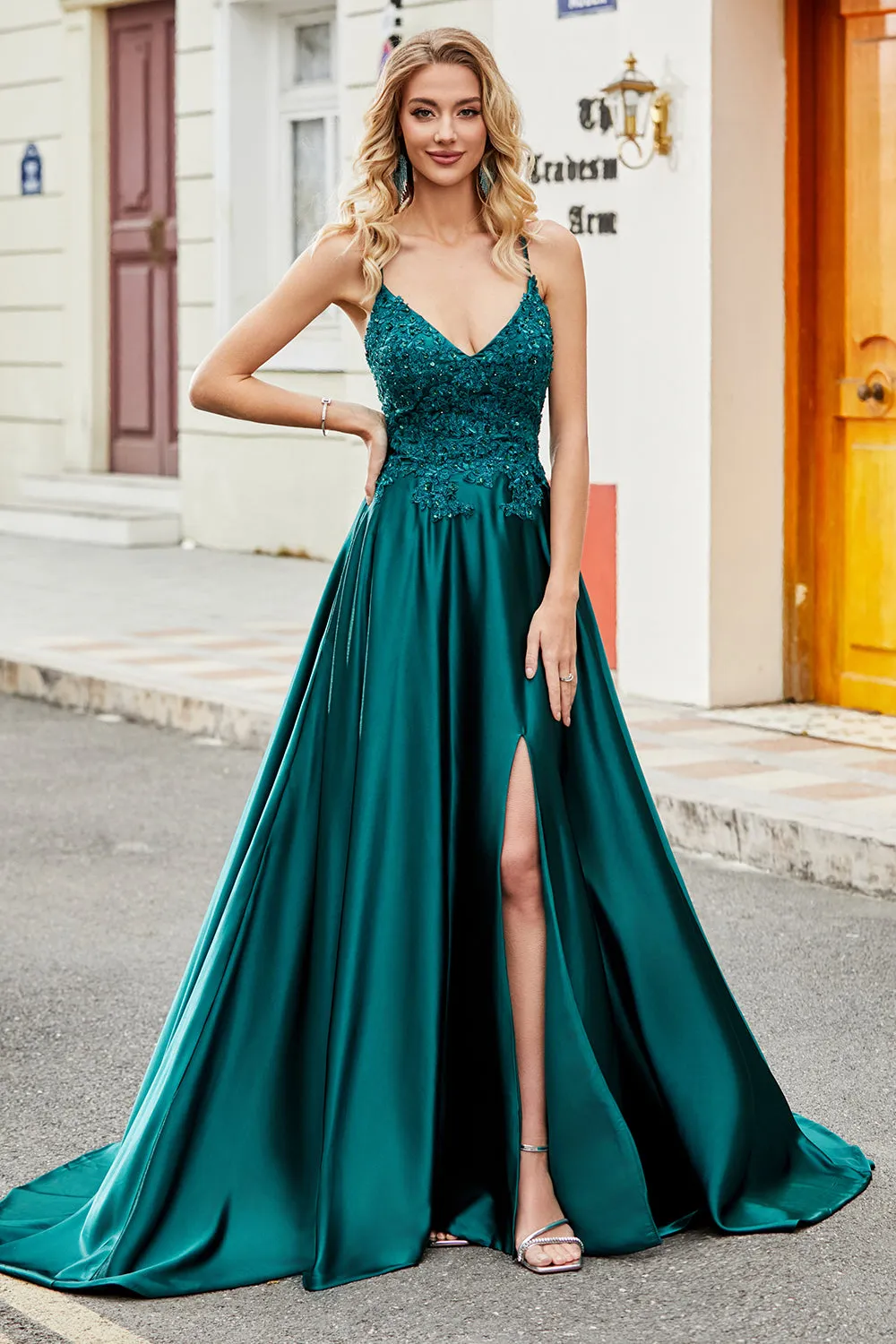 Trendy A Line Spaghetti Straps Peacock Green Long Prom Dress with Appliques sold by Zapaka