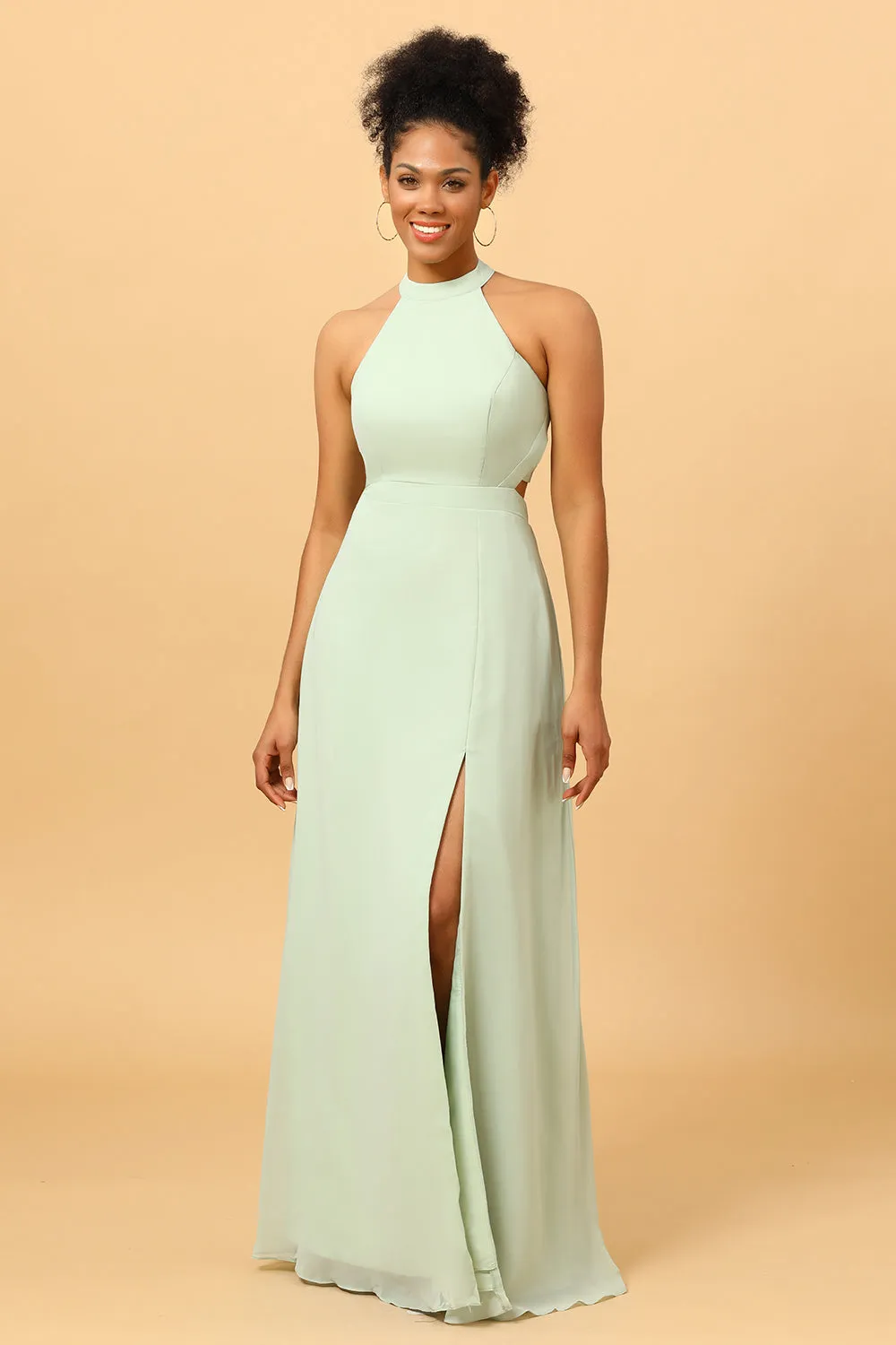 A Line Halter Dusty Sage Long Bridesmaid Dress with Open Back sold by Zapaka product image thumbnail 5