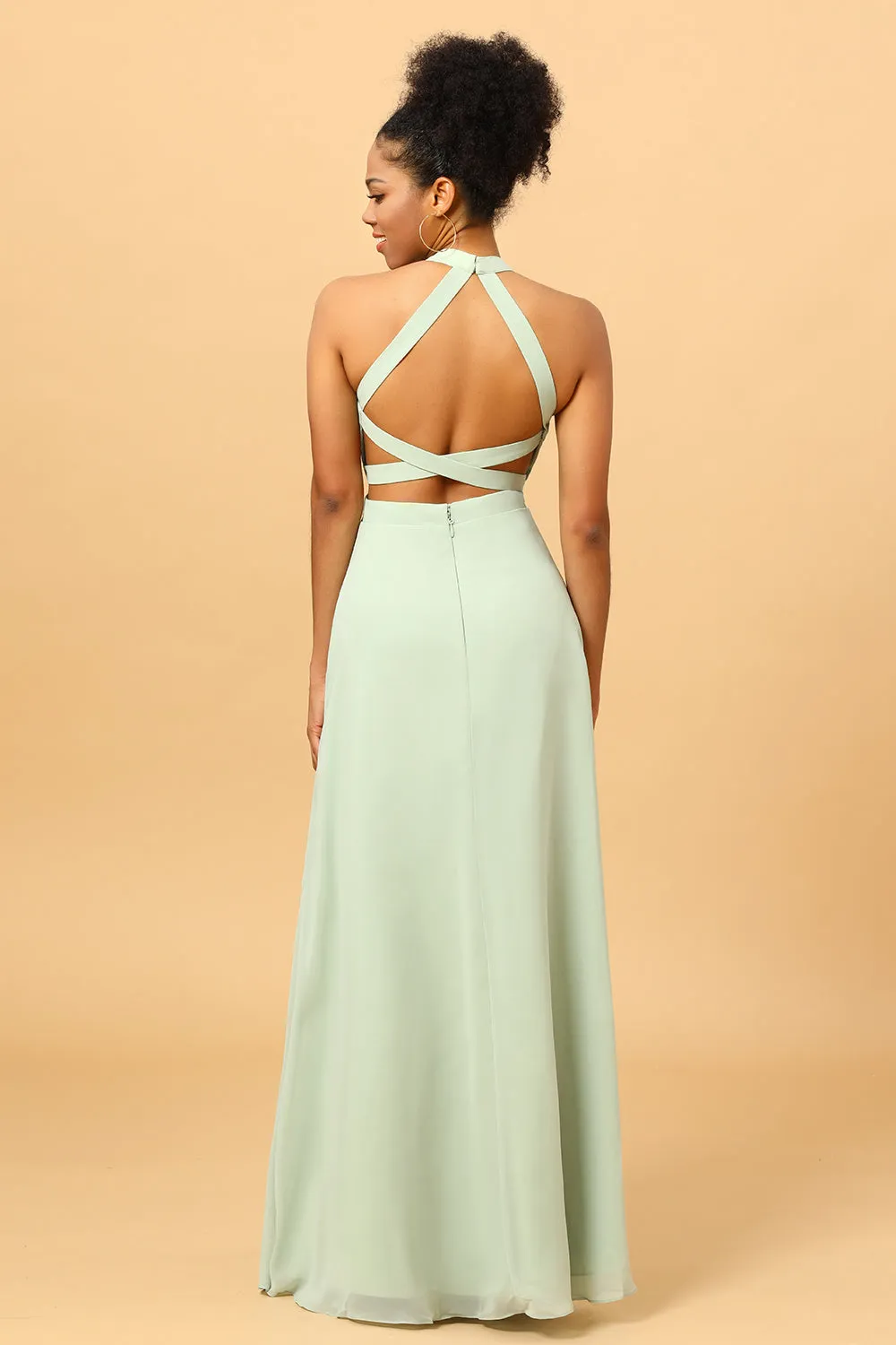 A Line Halter Dusty Sage Long Bridesmaid Dress with Open Back sold by Zapaka product image thumbnail 2