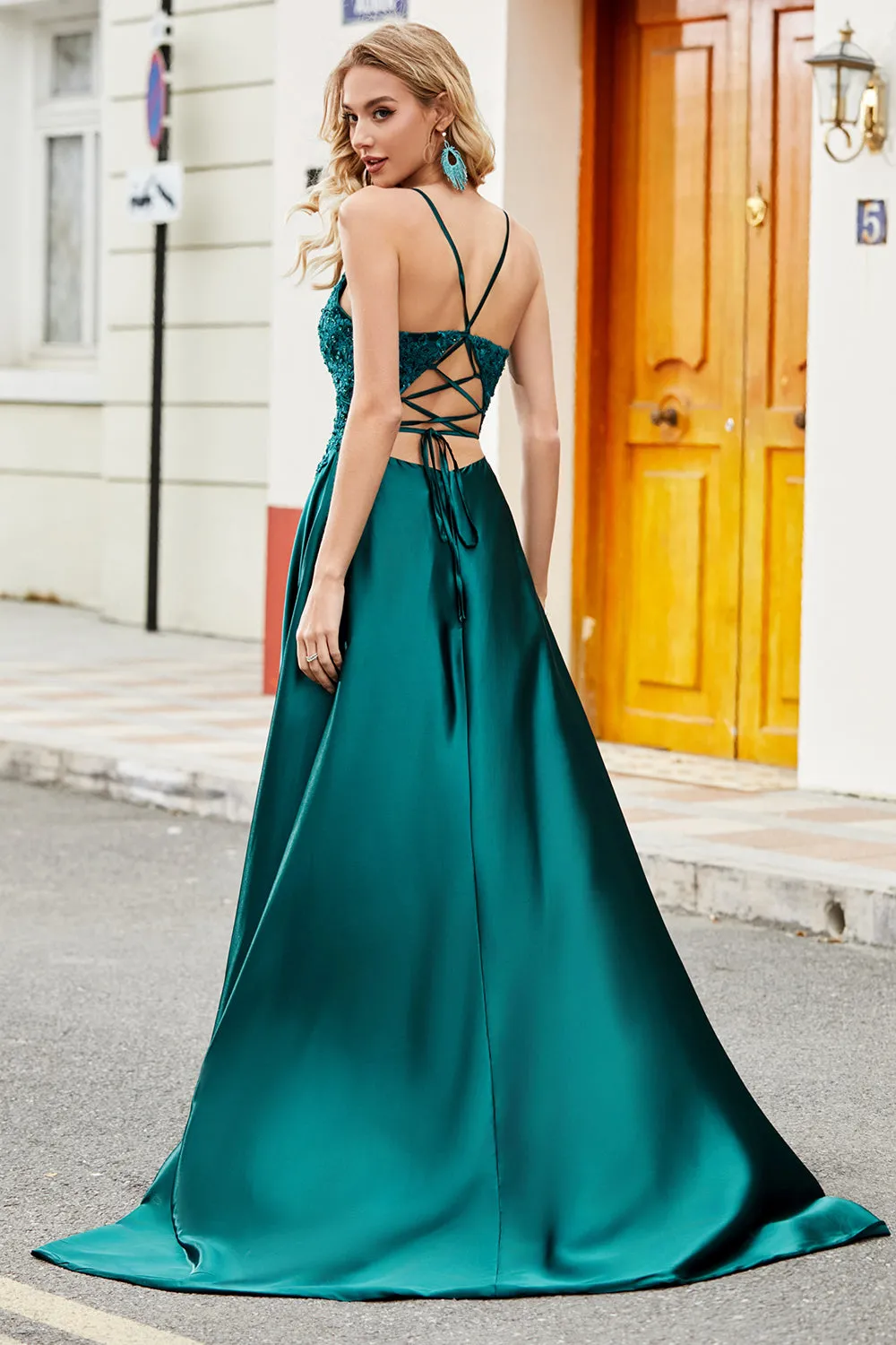 Trendy A Line Spaghetti Straps Peacock Green Long Prom Dress with Appliques sold by Zapaka product image thumbnail 2