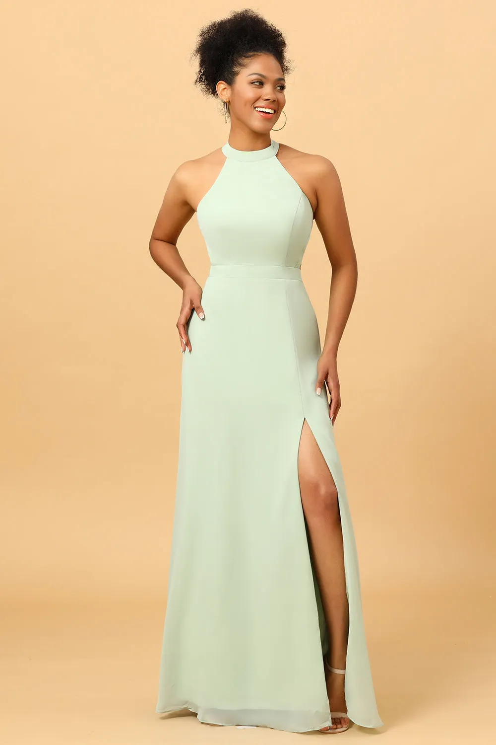 A Line Halter Dusty Sage Long Bridesmaid Dress with Open Back sold by Zapaka product image thumbnail 3