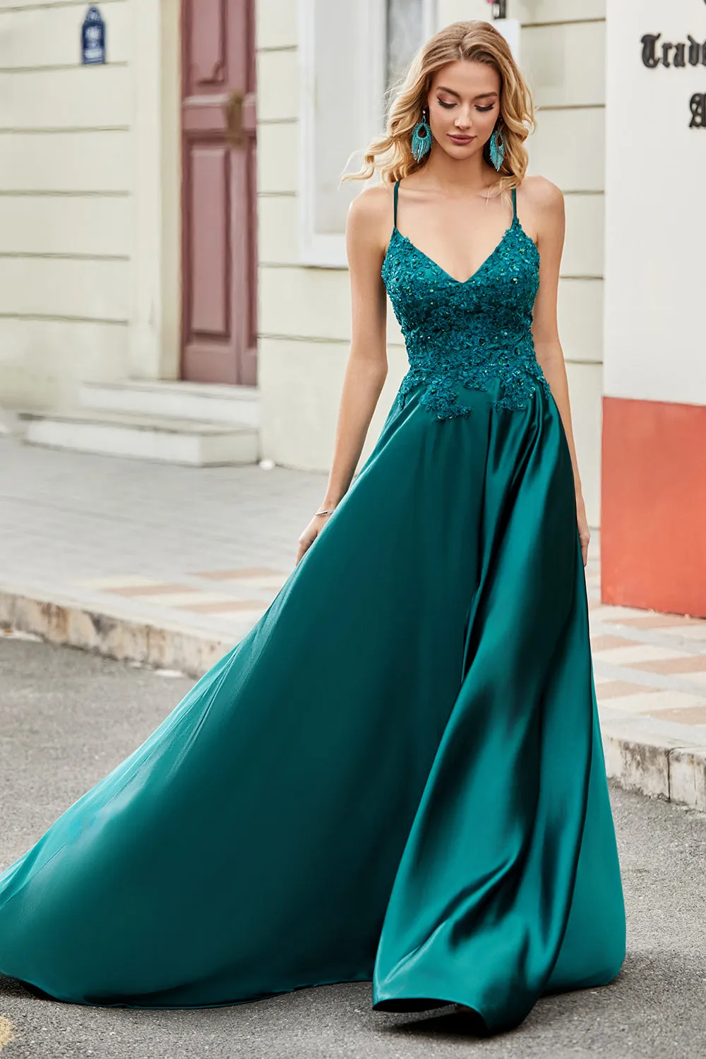 Trendy A Line Spaghetti Straps Peacock Green Long Prom Dress with Appliques sold by Zapaka product image thumbnail 5