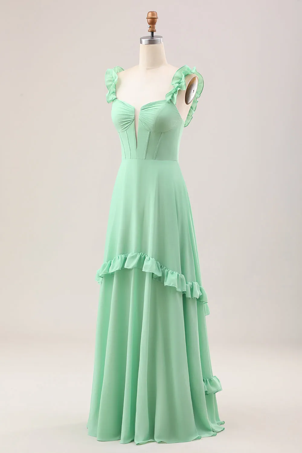 Green A Line Off The Shoulder Corset Bridesmaid Dress With Ruffles sold by Zapaka product image thumbnail 3