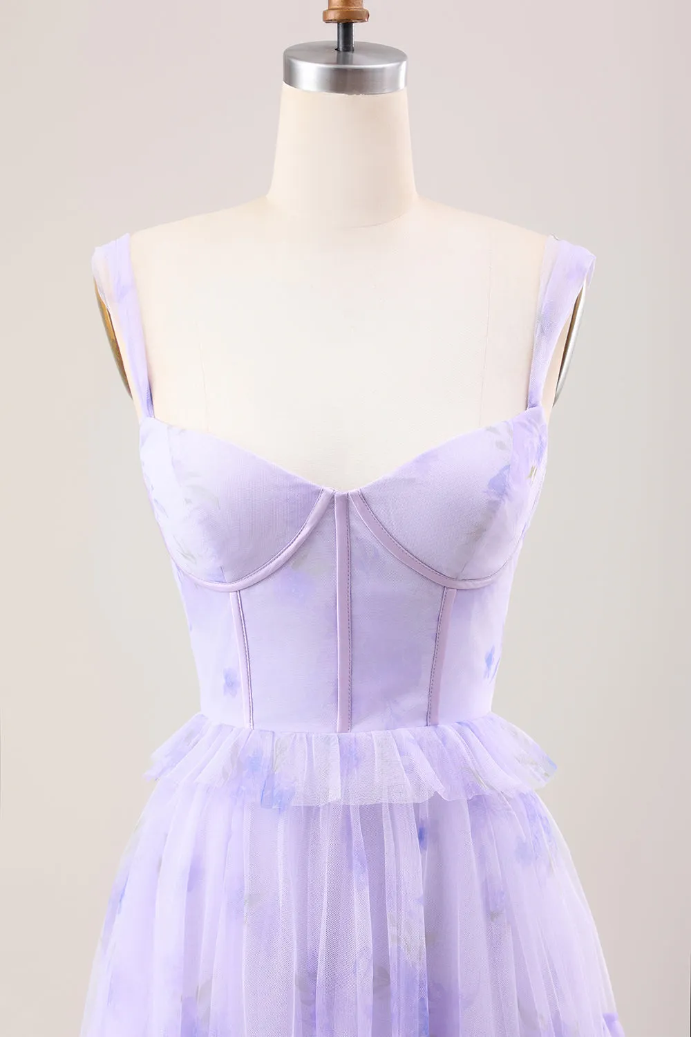Lavender A Line Corset Spaghetti Straps Floral Tiered Long Bridesmaid Dress sold by Zapaka product image thumbnail 4