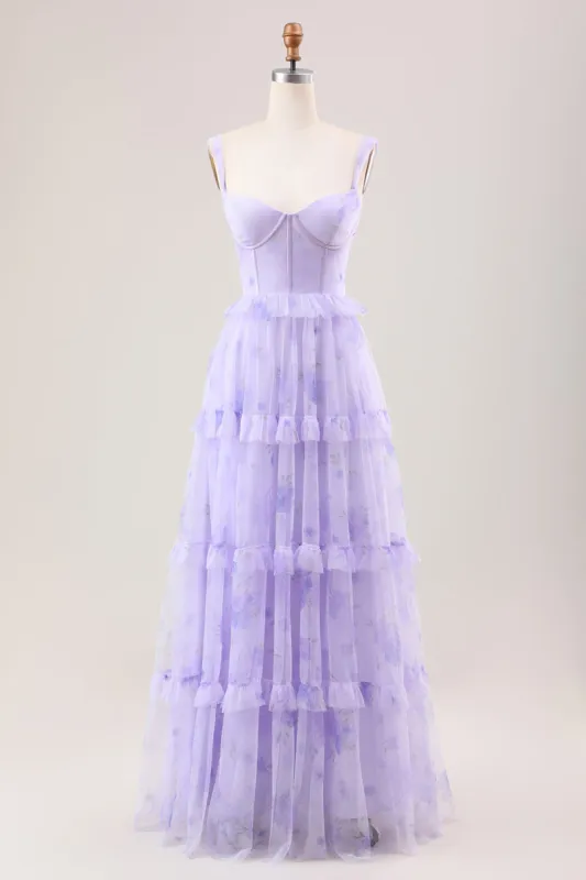 Lavender A Line Corset Spaghetti Straps Floral Tiered Long Bridesmaid Dress sold by Zapaka