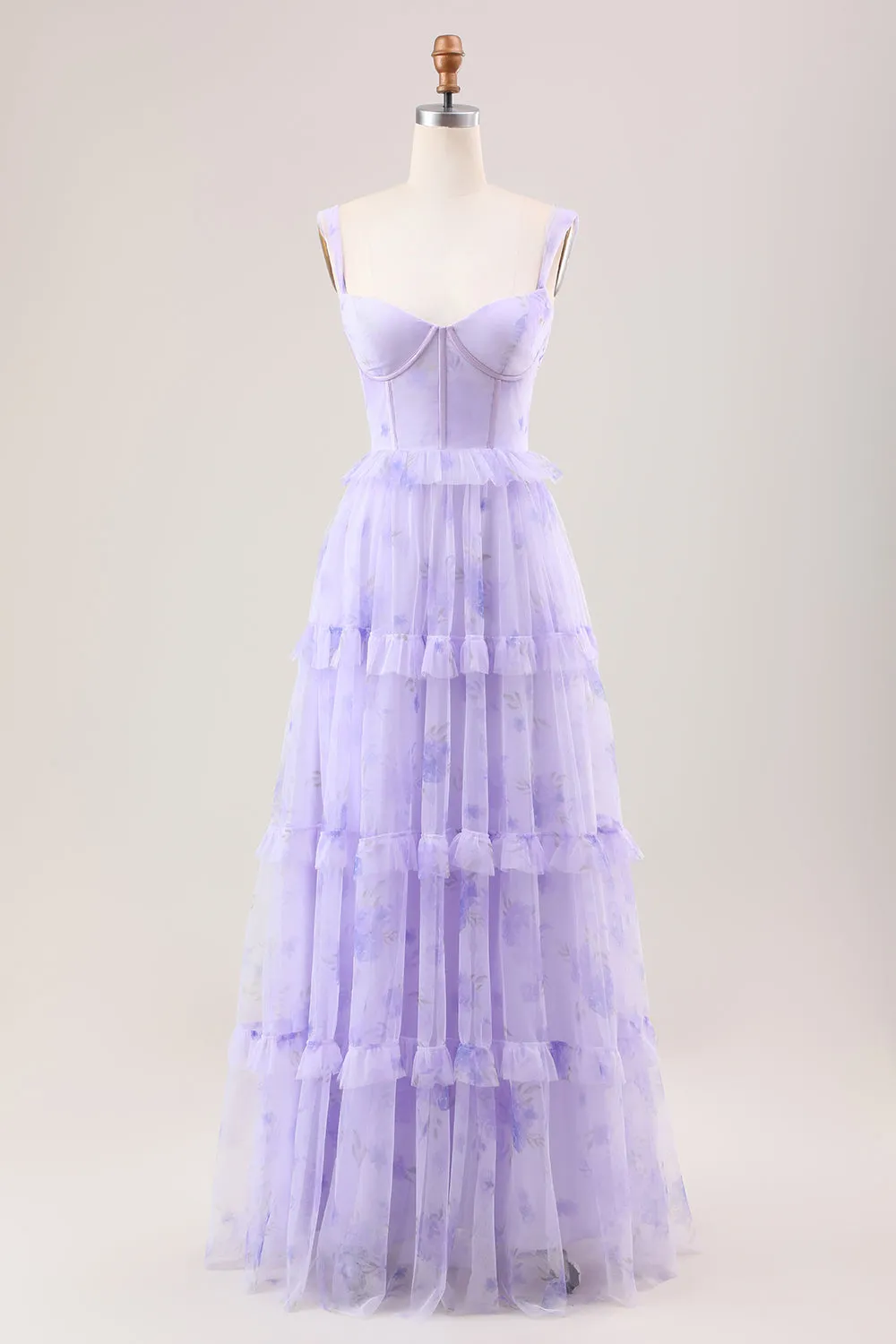 Lavender A Line Corset Spaghetti Straps Floral Tiered Long Bridesmaid Dress sold by Zapaka