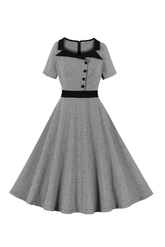 Plaid Black Swing 1950s Dress with Buttons sold by Zapaka