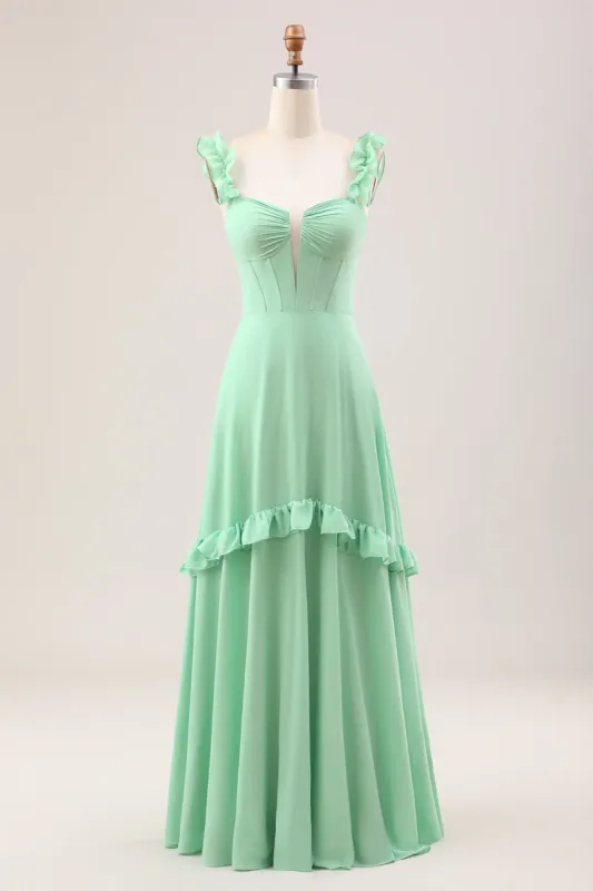 Green A Line Off The Shoulder Corset Bridesmaid Dress With Ruffles sold by Zapaka