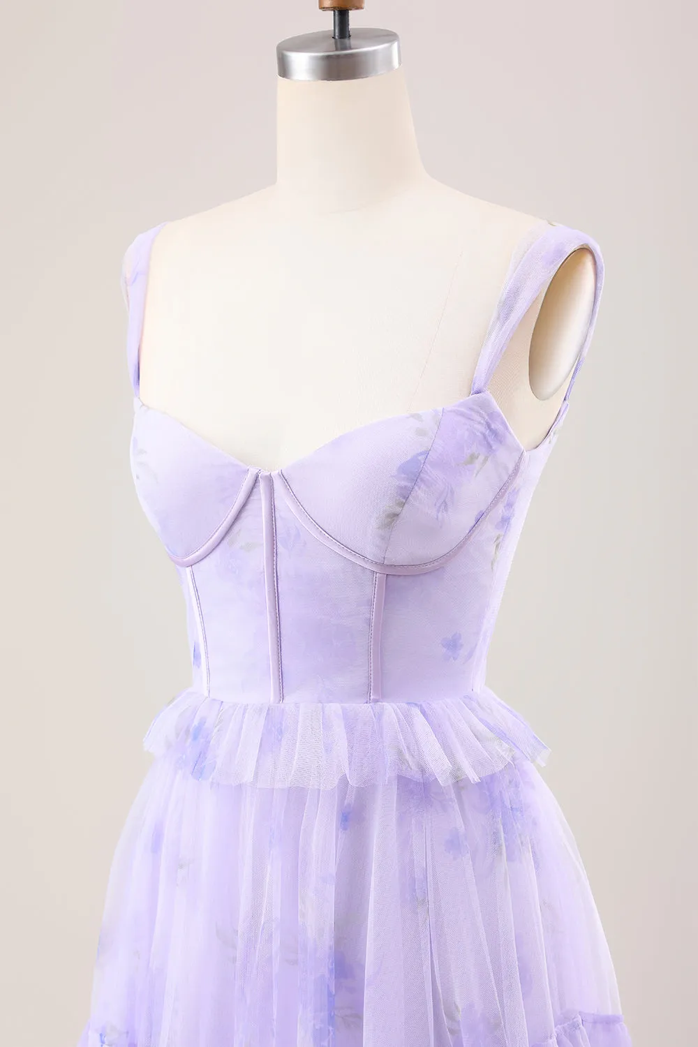 Lavender A Line Corset Spaghetti Straps Floral Tiered Long Bridesmaid Dress sold by Zapaka product image thumbnail 5