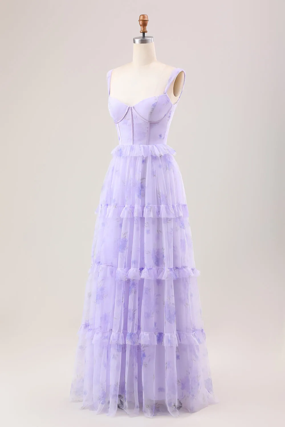 Lavender A Line Corset Spaghetti Straps Floral Tiered Long Bridesmaid Dress sold by Zapaka product image thumbnail 3