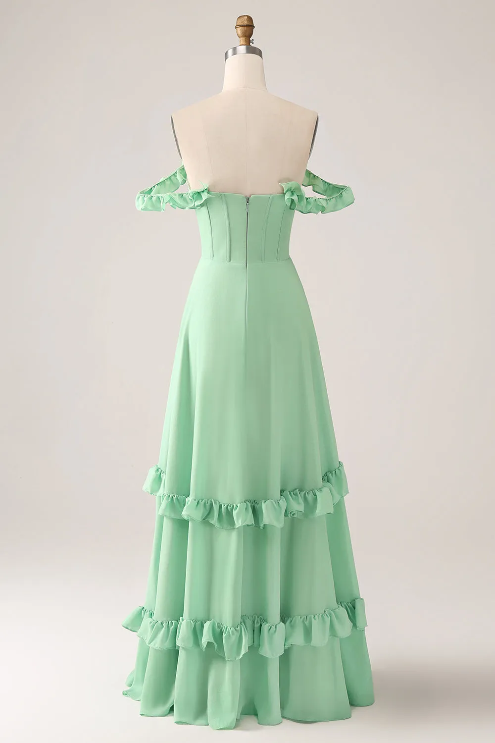 Green A Line Off The Shoulder Corset Bridesmaid Dress With Ruffles sold by Zapaka product image thumbnail 5